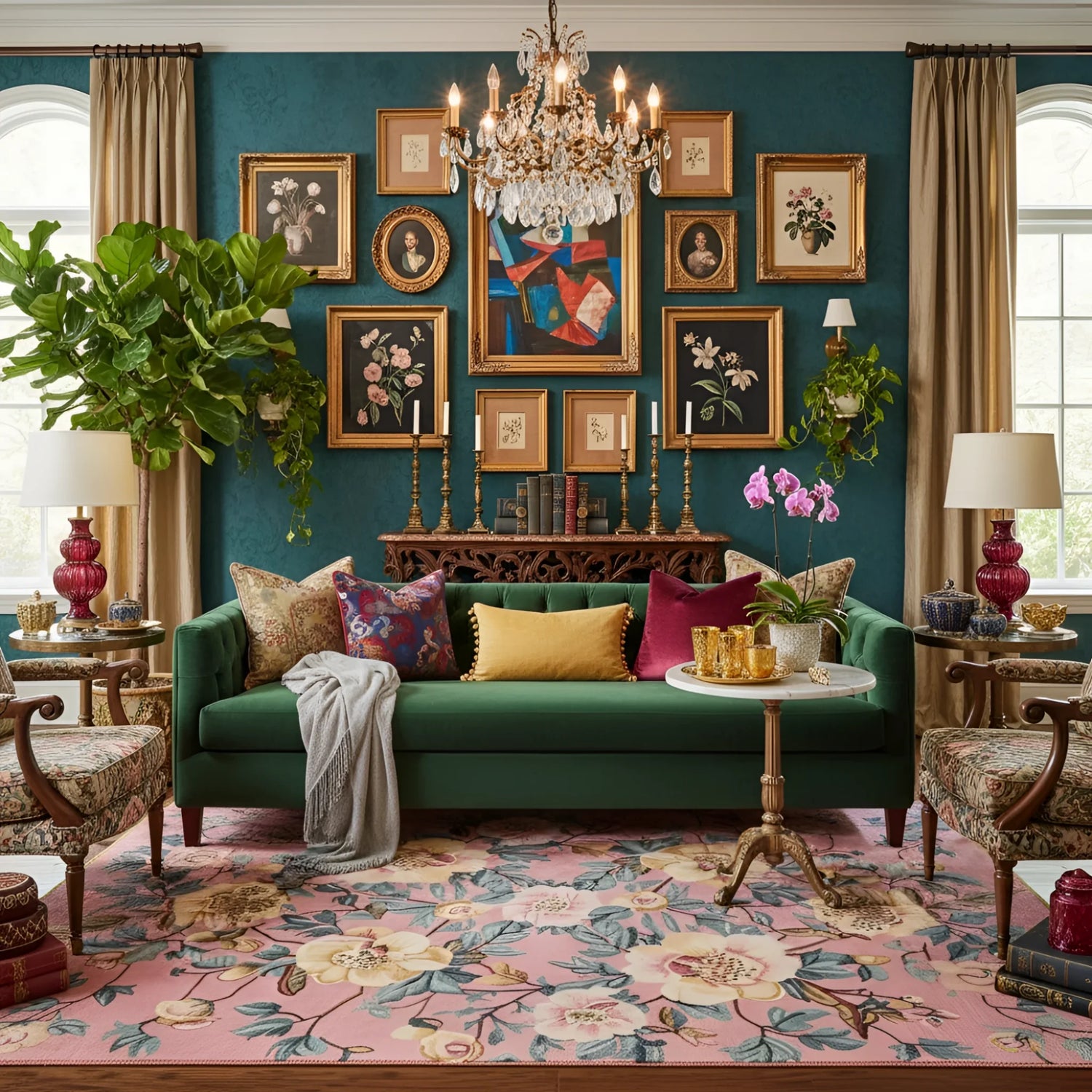 Decorative living room with a green sofa, colorful pillows, a floral wool rug, and a wall of framed art.
