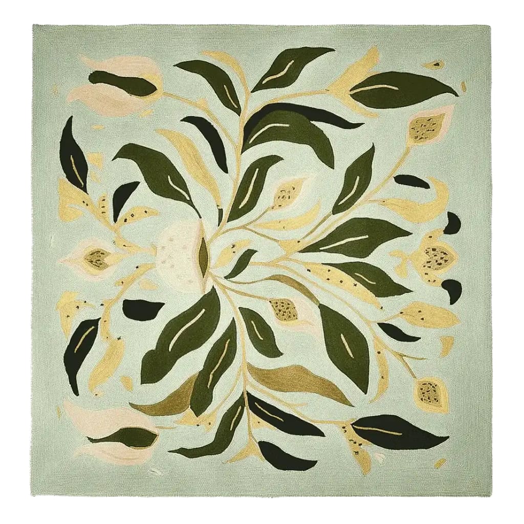This image showcases a stunning square area rug, perfect for adding a touch of elegance to your living room. The hand-tufted wool rug features a contemporary design with swirling leaf patterns in green, beige, and cream tones, creating a dynamic and visually appealing centerpiece.