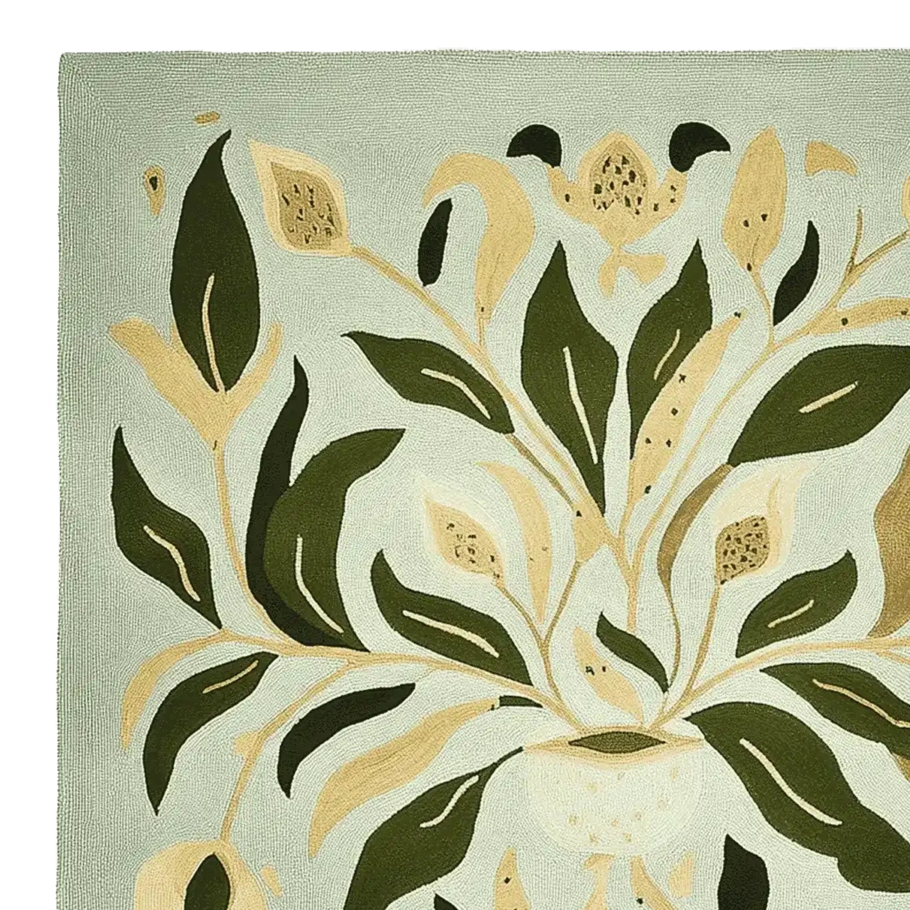 Close-up of the Garden Drift Form Hand Tufted Rug, a contemporary square area rug featuring an abstract leaf design in earthy tones. Perfect for adding a touch of nature to your living room, this wool rug combines modern aesthetics with organic patterns.