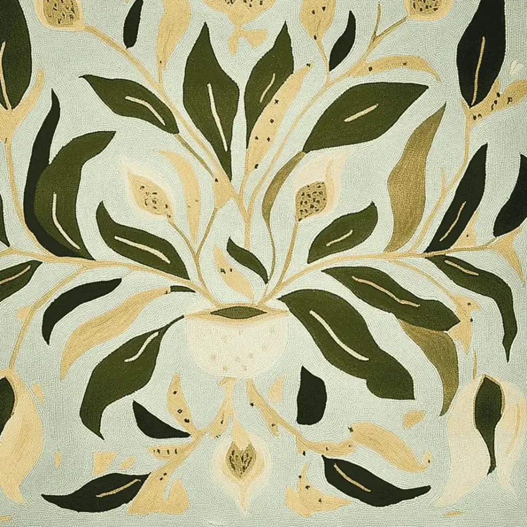 This vibrant area rug features a contemporary abstract design with lush green and beige leaves on a soft wool surface. Perfect for adding a touch of nature to your living room, this square area rug combines style and comfort, making it an ideal wool rug for modern home decor.