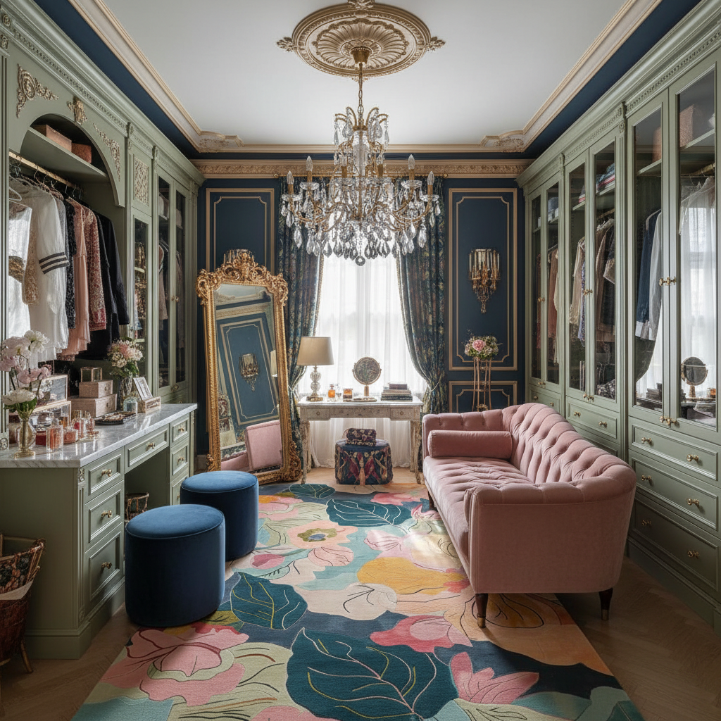 Luxurious closet with a pink sofa, chandelier, and decorative elements.