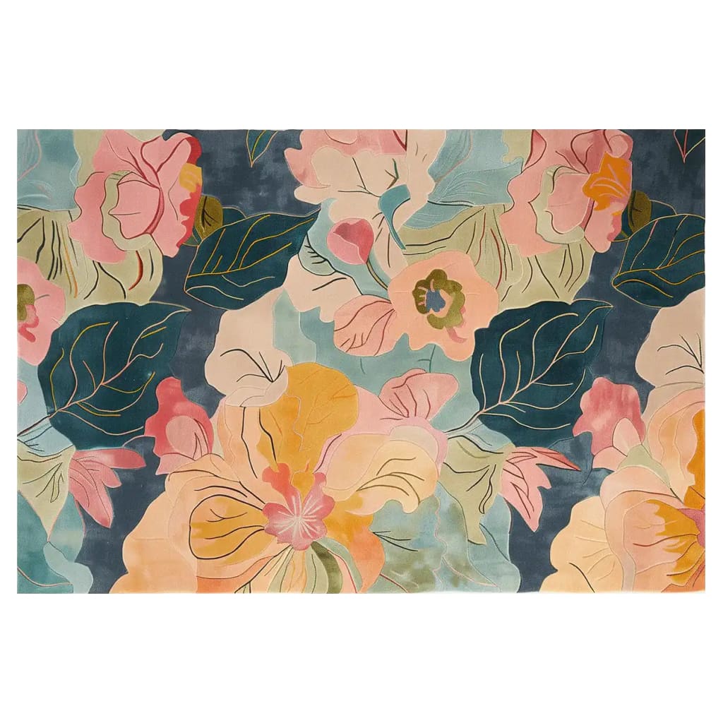 A beautiful area rug featuring a vibrant floral design, crafted from hand tufted wool. This wool rug showcases large, colorful flowers and leaves, creating an elegant and inviting atmosphere perfect for living room area rugs.