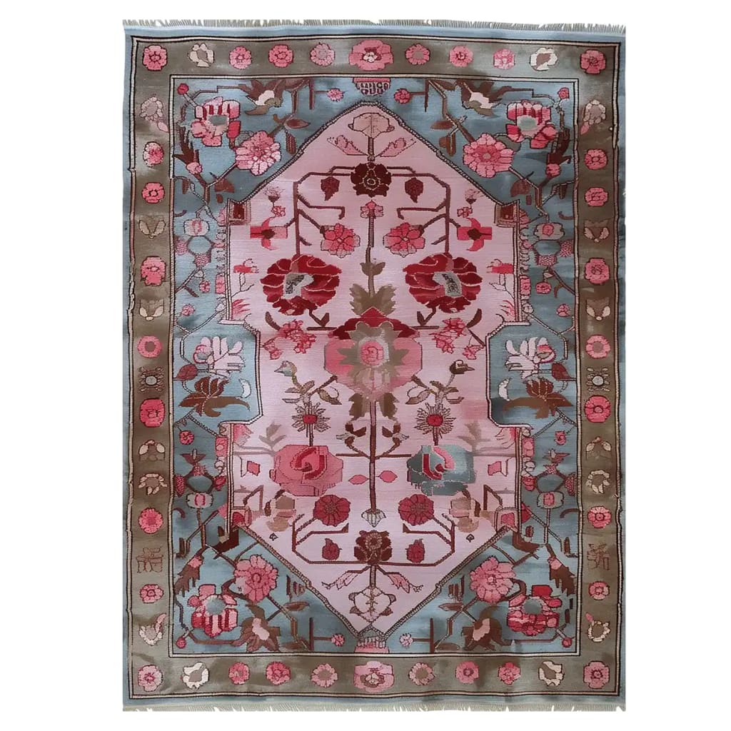 A beautifully crafted area rug featuring an enchanting floral design with vibrant pink and blue hues. Perfect for adding a touch of elegance to your living room, this knotted wool rug brings warmth and style to any space.