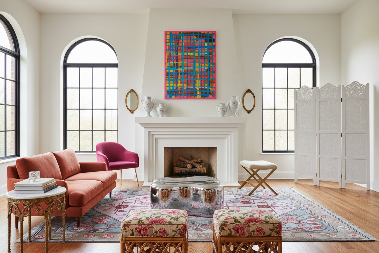 Living room with a fireplace, colorful abstract floral rug, and pink sofa.