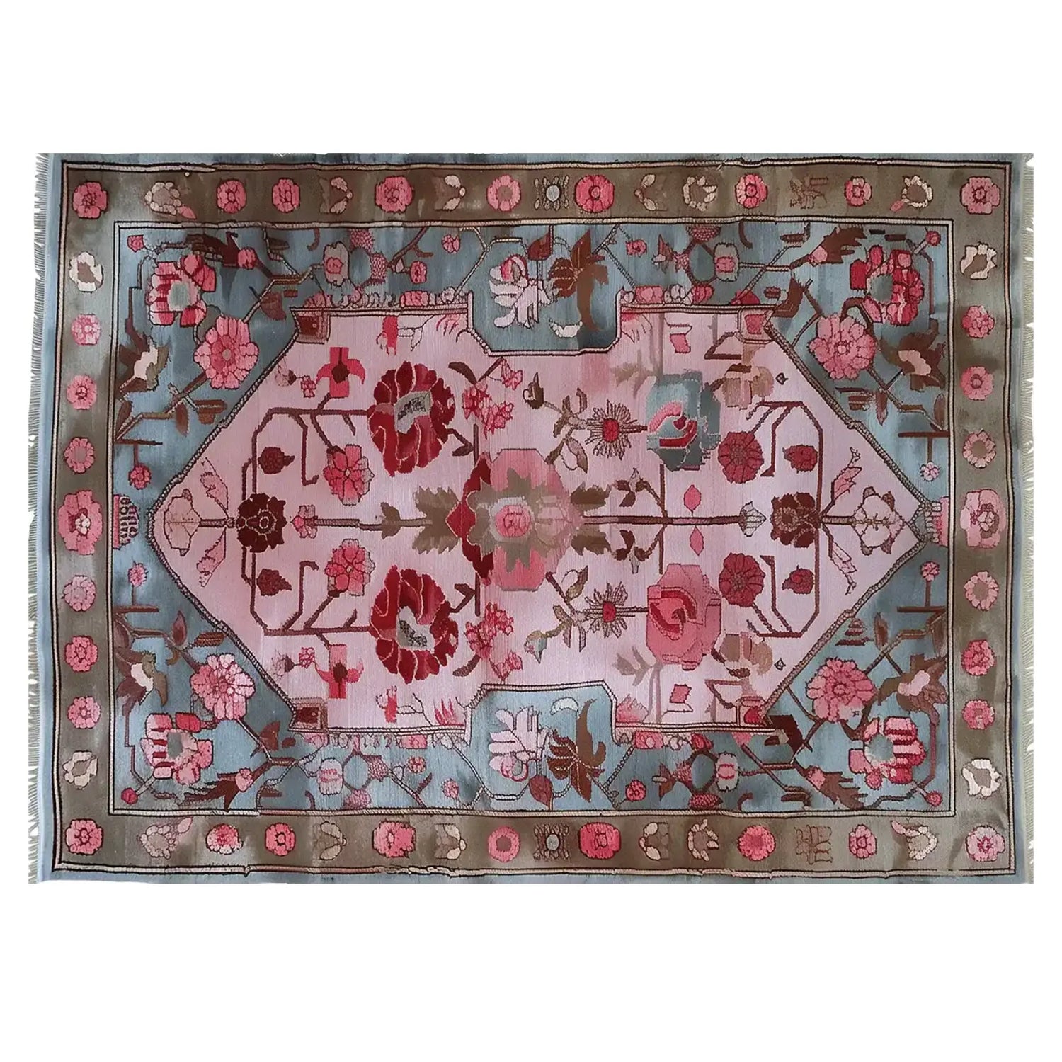 An enchanting area rug featuring a vibrant floral design with rich pink and red flowers on a soft pink and blue background. Ideal for adding a touch of elegance to living room area rugs.