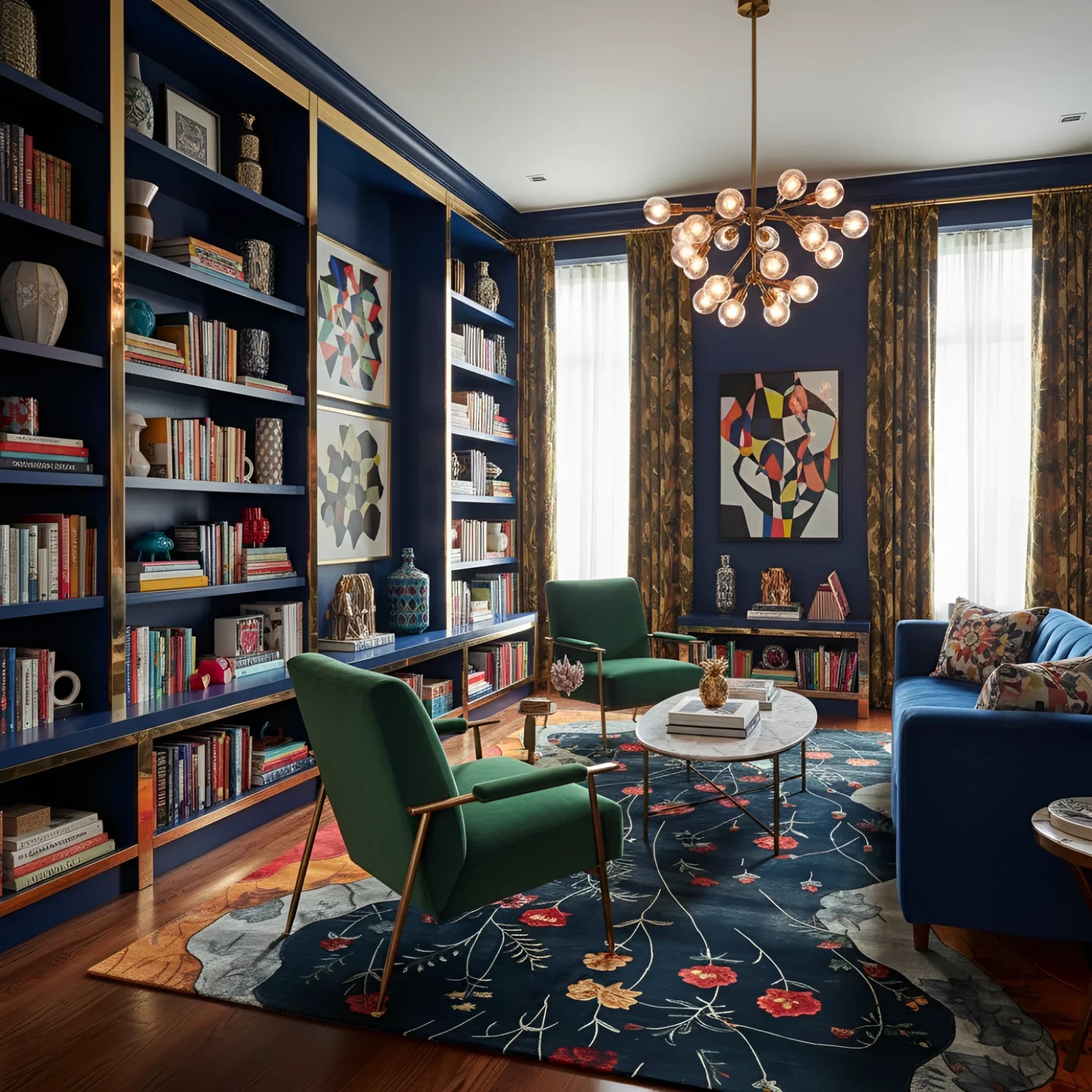 Modern living room with bookshelves, a floral wool rug, green armchair, and blue sofa.