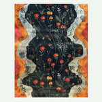 A beautifully crafted Garden Gate Tapestry Hand Tufted Area Rug, perfect for adding elegance to living room and dining room spaces. This wool rug features a stunning floral design with vibrant red and yellow flowers against a deep blue background, framed by abstract orange and grey borders. Ideal for use as a dining room area rug or a centerpiece in your living room.