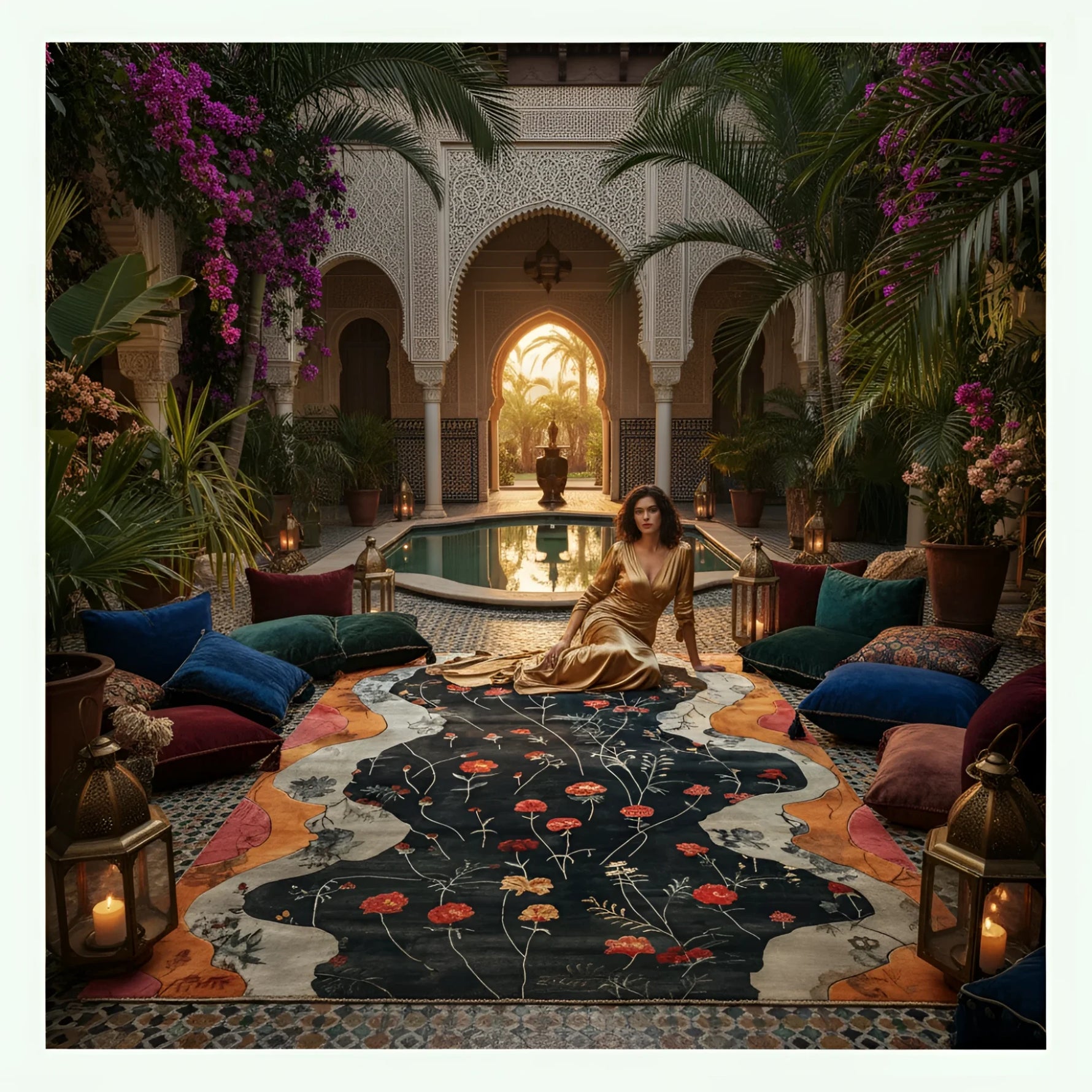 Woman sitting on a decorative rug in a luxurious courtyard with arches and plants.