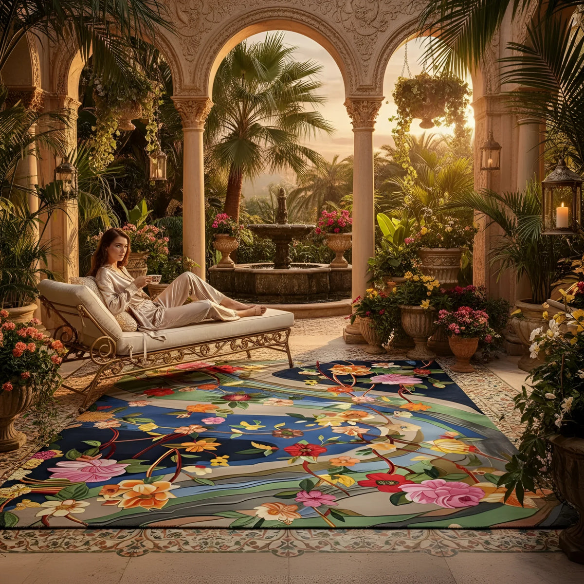 Woman sitting on a lounge chair, a floral rug, in a luxurious garden with a fountain and colorful rug.