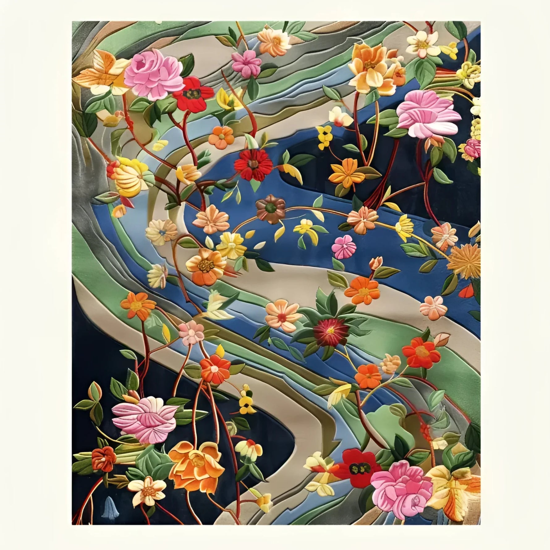 Vibrant Garden Glam Hand Tufted Wool Rug featuring a stunning floral pattern. This large area rug is perfect for adding a touch of elegance to your living room. The design includes colorful flowers and swirling patterns, making it ideal for living room rugs 8x10. Crafted from quality wool, this living room area rug offers both style and comfort.