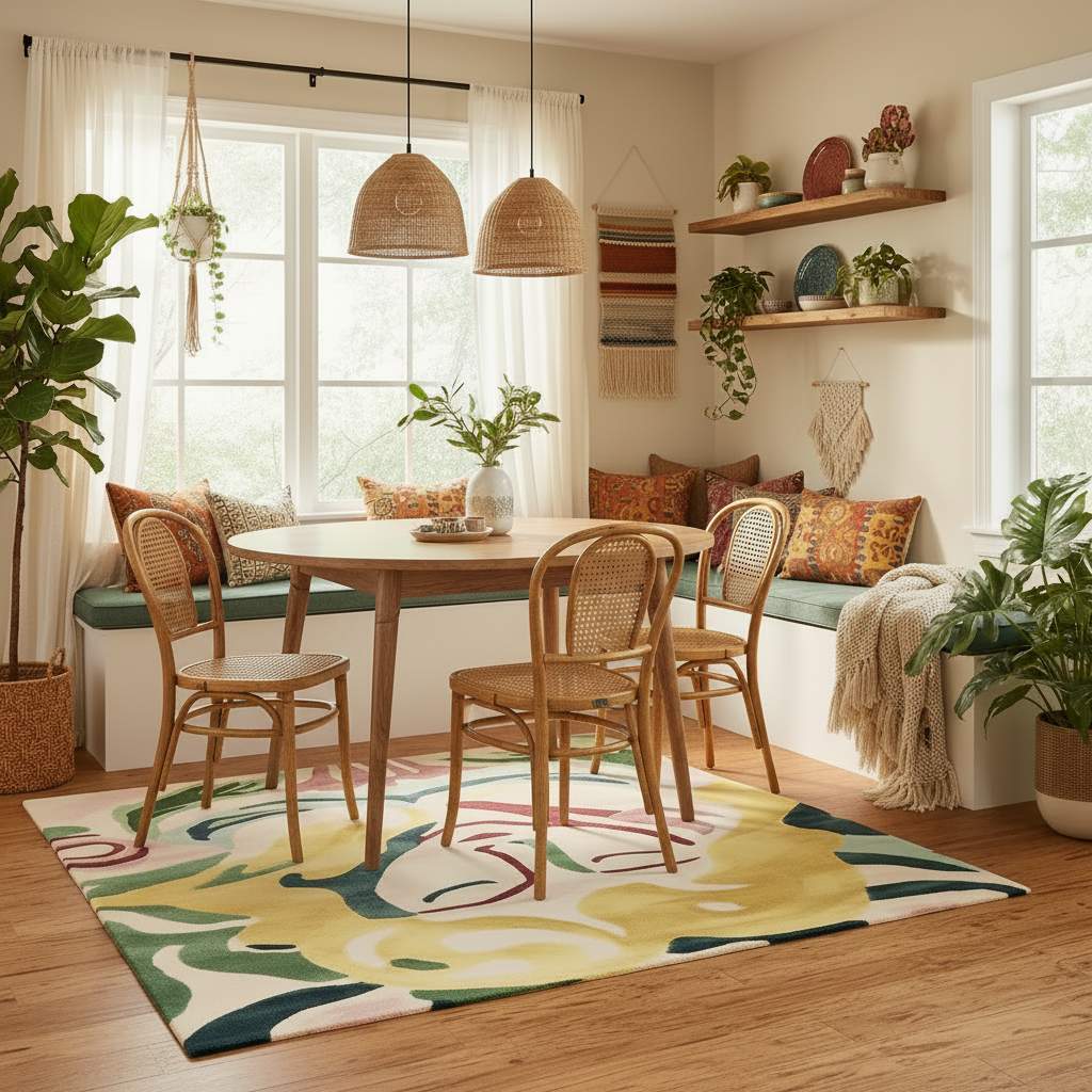 Dining room with wooden table, chairs, and a colorful rug.