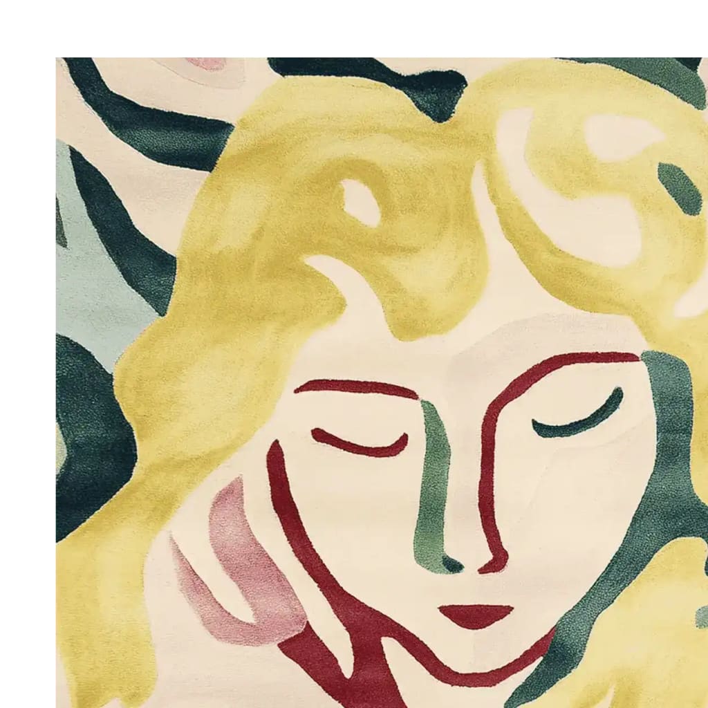 Close-up view of the Garden Muse Abstract Hand Tufted Rug, showcasing a contemporary design with an artistic depiction of a face in vibrant colors. This area rug, crafted from wool, is perfect for large living rooms and measures 8x10, adding a modern touch to any space.