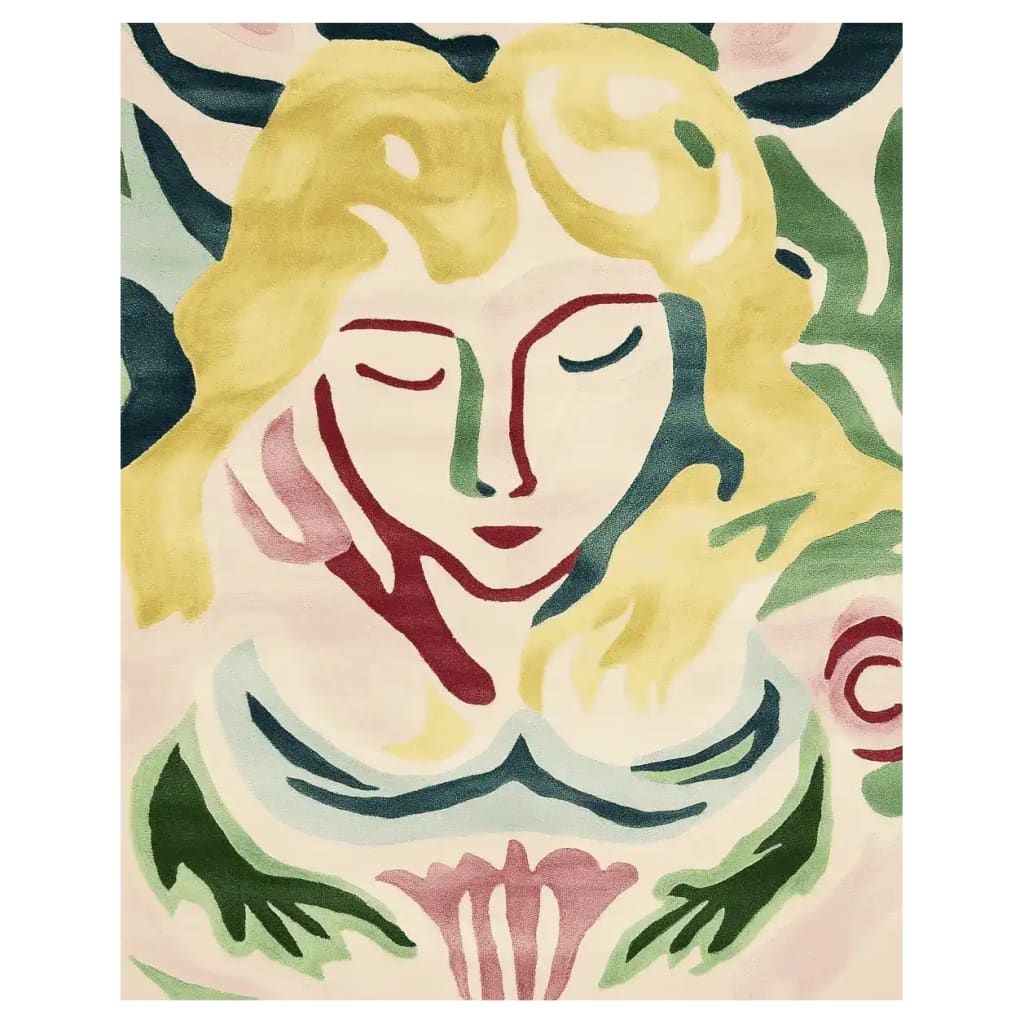 A vibrant and contemporary area rug featuring an abstract design with soft colors of yellow, green, and pink, resembling a serene face amidst floral patterns. This hand-tufted wool rug is perfect for adding an artistic touch to large living rooms. Ideal for those looking for living room rugs sized 8x10.