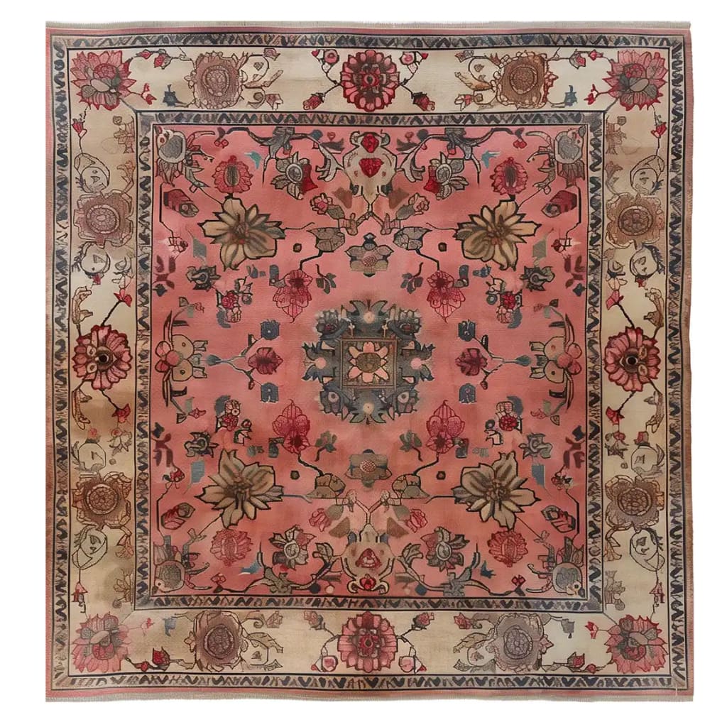 A beautifully designed Garden of Ages knotted wool area rug showcasing intricate floral patterns in warm, earthy tones. Perfect for adding elegance to living room spaces, this floral rug features detailed borders and a rich color scheme, bringing an artistic touch to your decor.