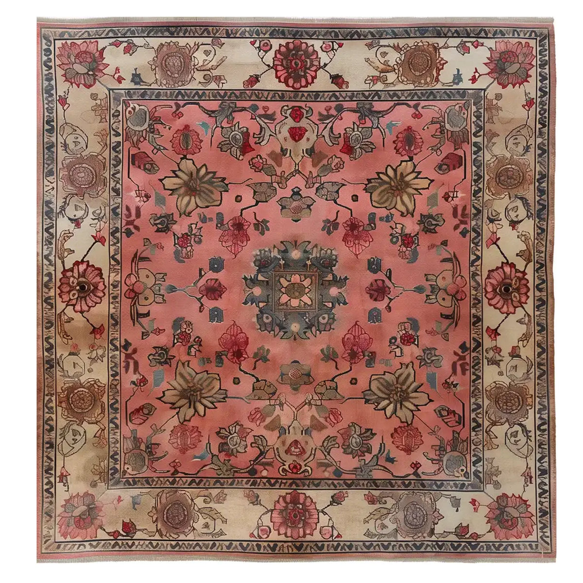A beautifully designed Garden of Ages knotted wool area rug showcasing intricate floral patterns in warm, earthy tones. Perfect for adding elegance to living room spaces, this floral rug features detailed borders and a rich color scheme, bringing an artistic touch to your decor.