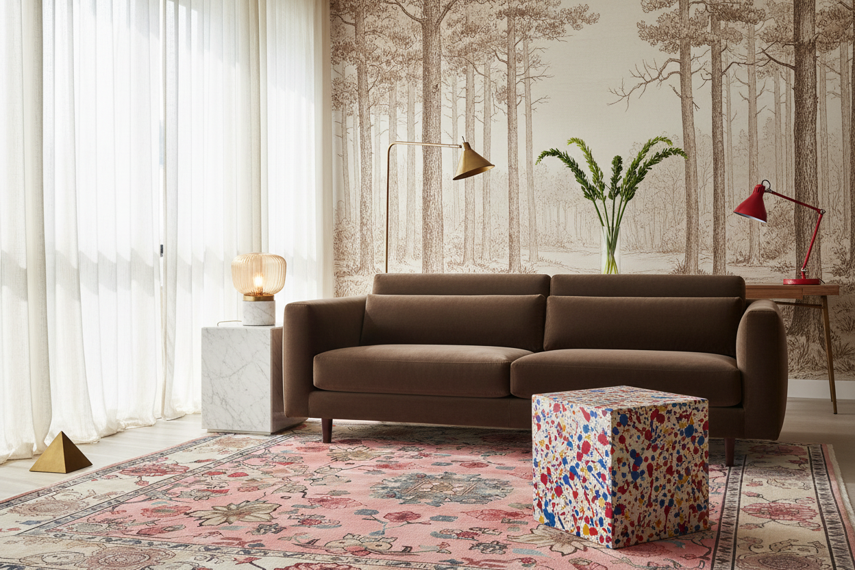 Modern living room with a brown sofa, colorful rug, and forest-themed wallpaper.