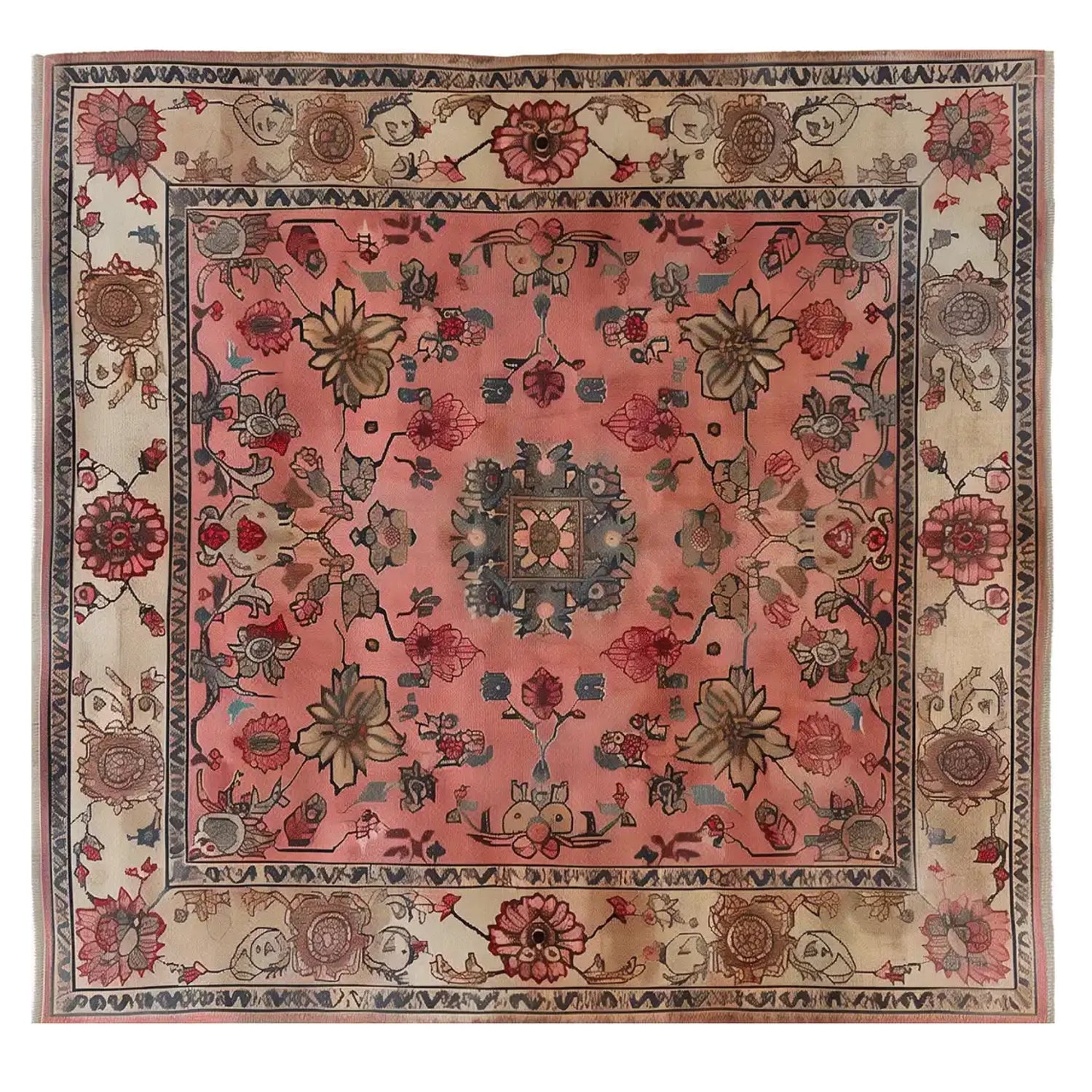 Top view of the Garden of Ages Knotted Wool Area Rug showcasing its intricate floral patterns and rich colors, ideal for living room decor as a floral rug.