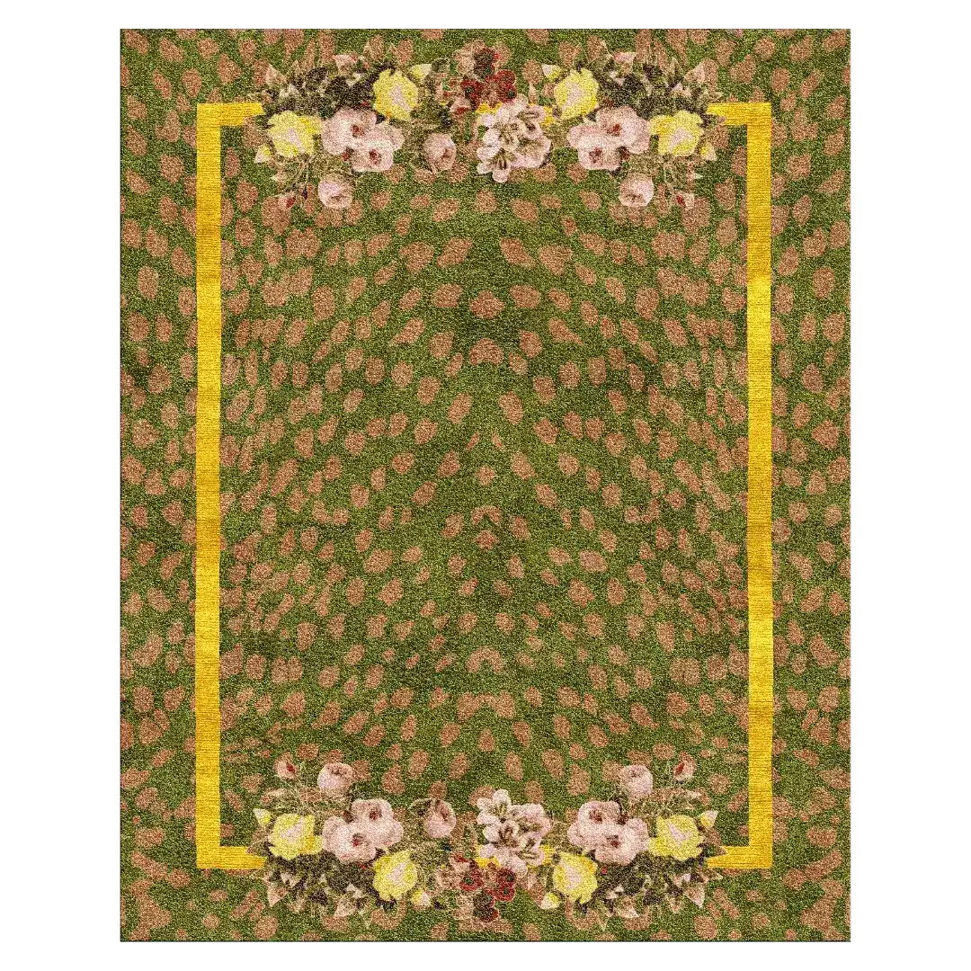 A beautiful hand-tufted area rug featuring a rich green background adorned with floral patterns on its borders. The vintage rug design, perfect for dining rooms or bedrooms, adds elegance and warmth. This wool rug showcases intricate detailing and vibrant colors, ideal for enhancing the decor as a bedroom rug or dining room carpet.