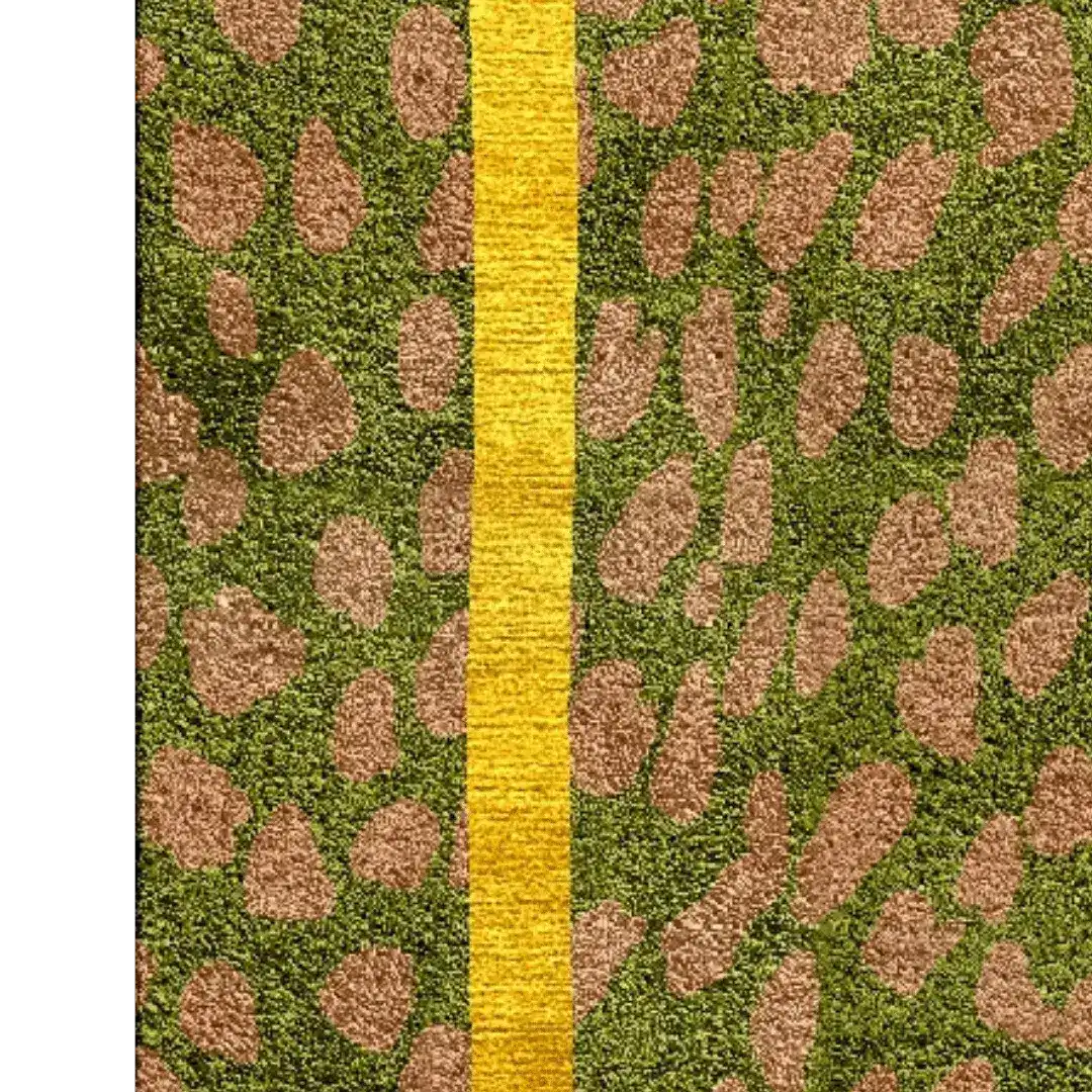 Top view of a Garden of Courage hand-tufted area rug featuring a bold yellow stripe and abstract green and brown patterns. Ideal as a vintage rug for dining rooms or bedrooms, this wool rug adds a stylish touch to any space.