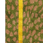 Top view of a Garden of Courage hand-tufted area rug featuring a bold yellow stripe and abstract green and brown patterns. Ideal as a vintage rug for dining rooms or bedrooms, this wool rug adds a stylish touch to any space.
