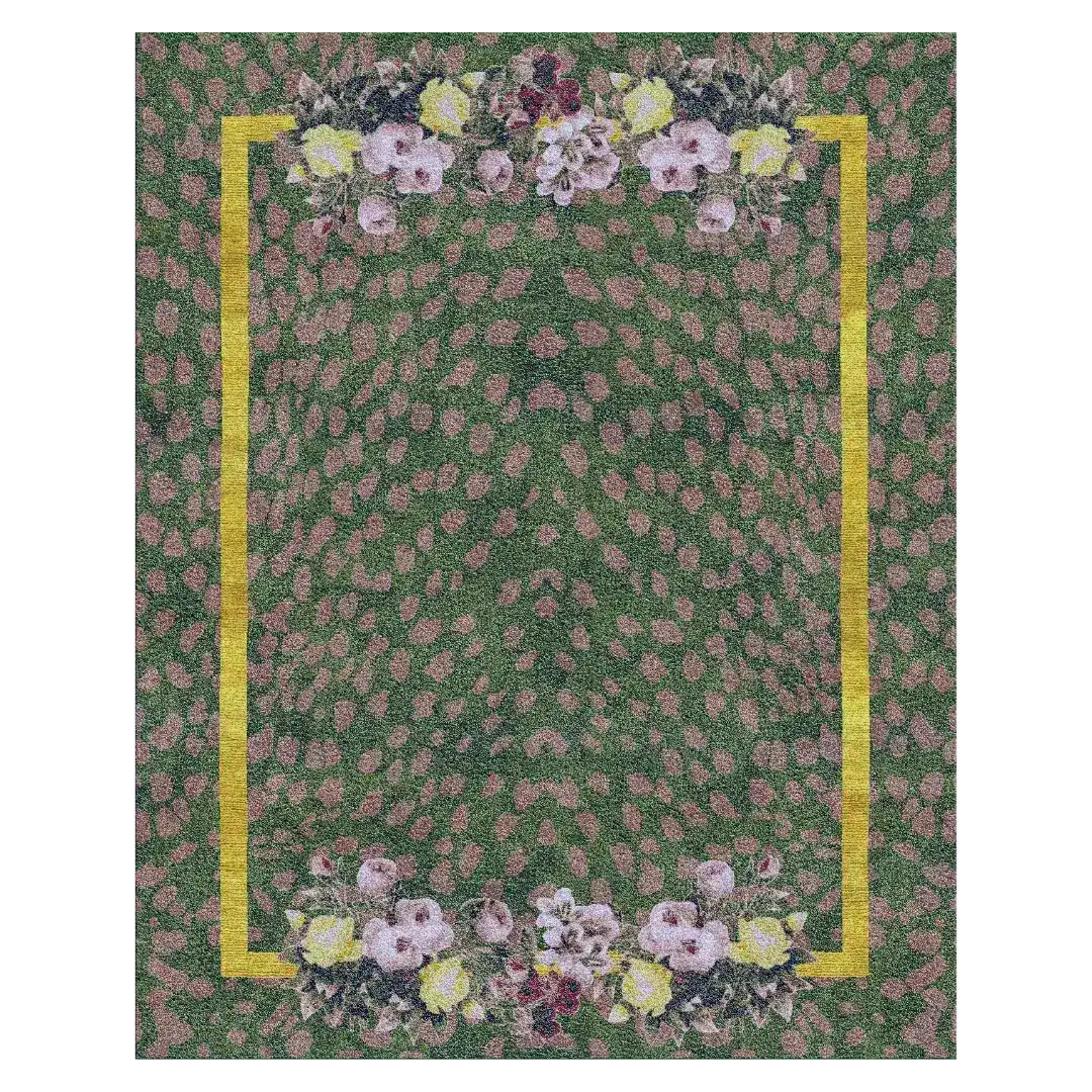 A visually striking area rug featuring an abstract design with dotted patterns in earthy tones, bordered by a vibrant yellow line and adorned with floral motifs at the top and bottom. This large area rug is perfect for adding a touch of vintage charm to a living room, crafted from high-quality wool for durability and comfort.