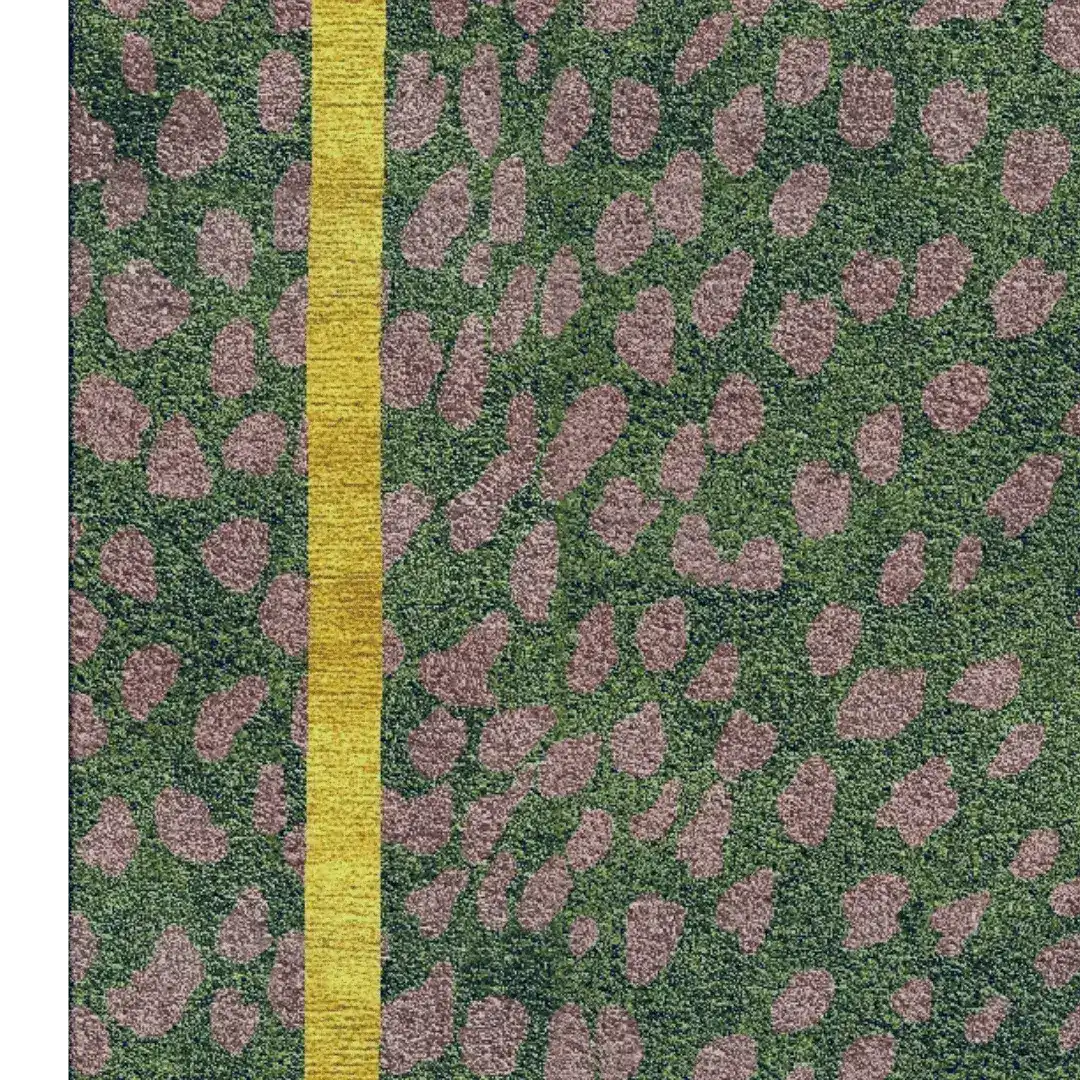 Top view of the Garden of Courage Hand Tufted Rug in a vibrant night design, showcasing a blend of green and purple abstract patterns with a striking yellow stripe. Perfect for adding a touch of vintage elegance to large living rooms, this wool area rug combines style and comfort, making it an ideal choice for those seeking large area rugs for their living spaces.