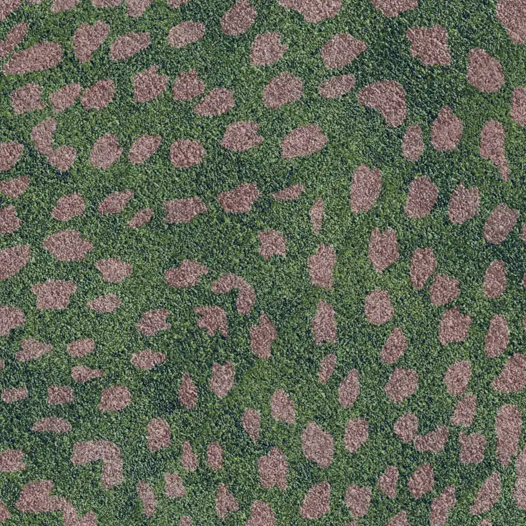 Close-up view of the Garden of Courage Hand Tufted Rug in Night, showcasing an abstract pattern of earthy green and brown tones. Perfect for adding a touch of vintage elegance to your living room, this wool rug is a beautiful example of large area rugs for living room spaces.