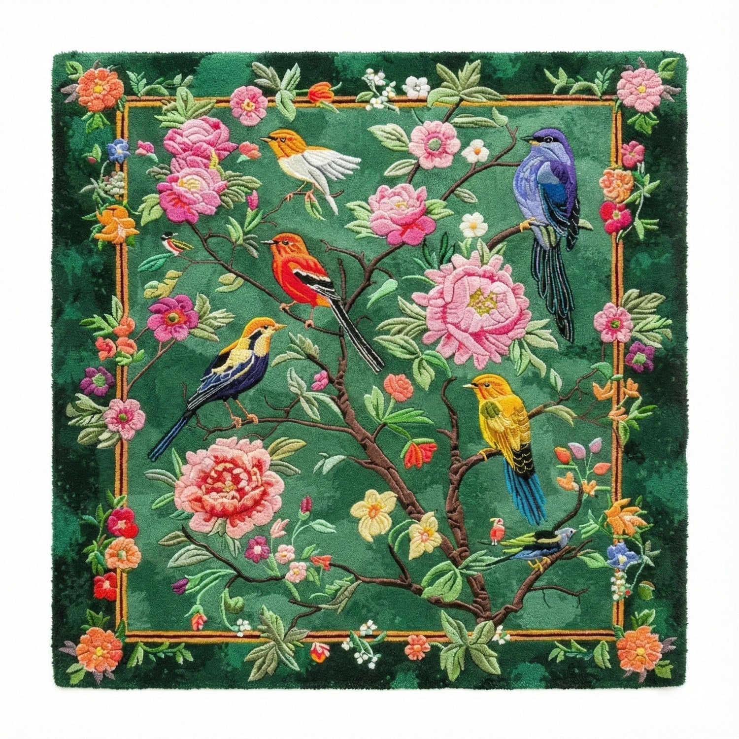 Garden of Eden Hand Tufted Rug featuring a vibrant design of colorful birds and flowers, ideal as a large area rug for living room or office. This wool square rug adds a touch of nature with its intricate pattern, perfect for those seeking unique office rugs or large area rugs.