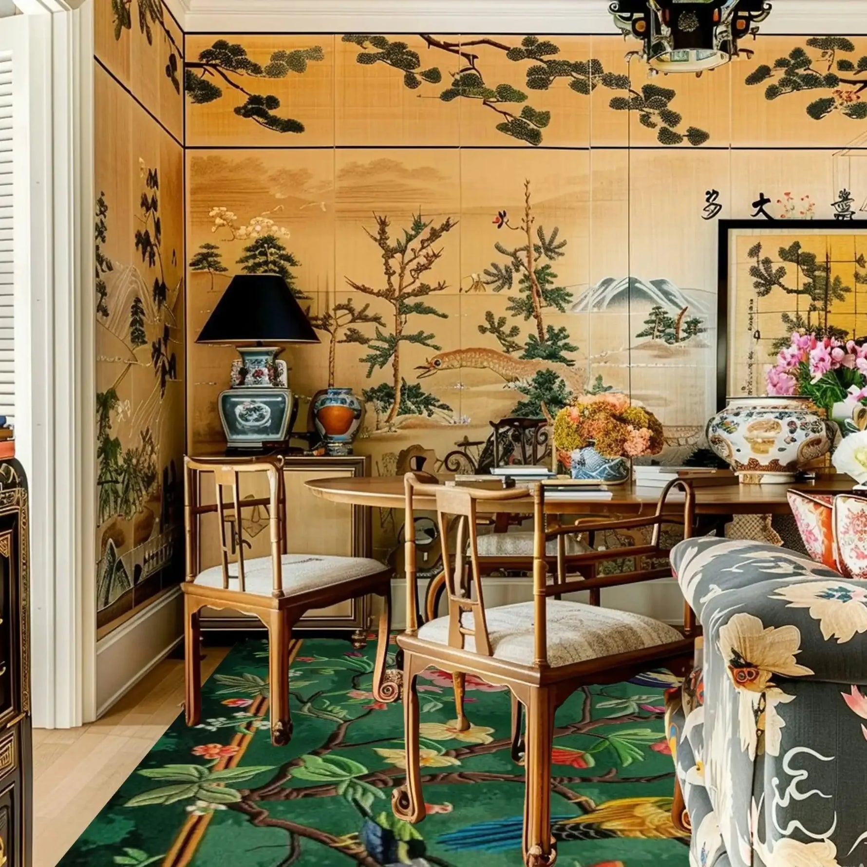 This vibrant living room features the 'Garden of Eden Hand Tufted Rug', a wool square area rug that perfectly complements the elegant decor. The large area rug showcases a lush, detailed botanical pattern that adds a touch of nature to the space. Ideal for offices or living rooms, this beautiful wool rug enhances the classic wooden furniture and intricate wall art, creating a harmonious and inviting atmosphere.