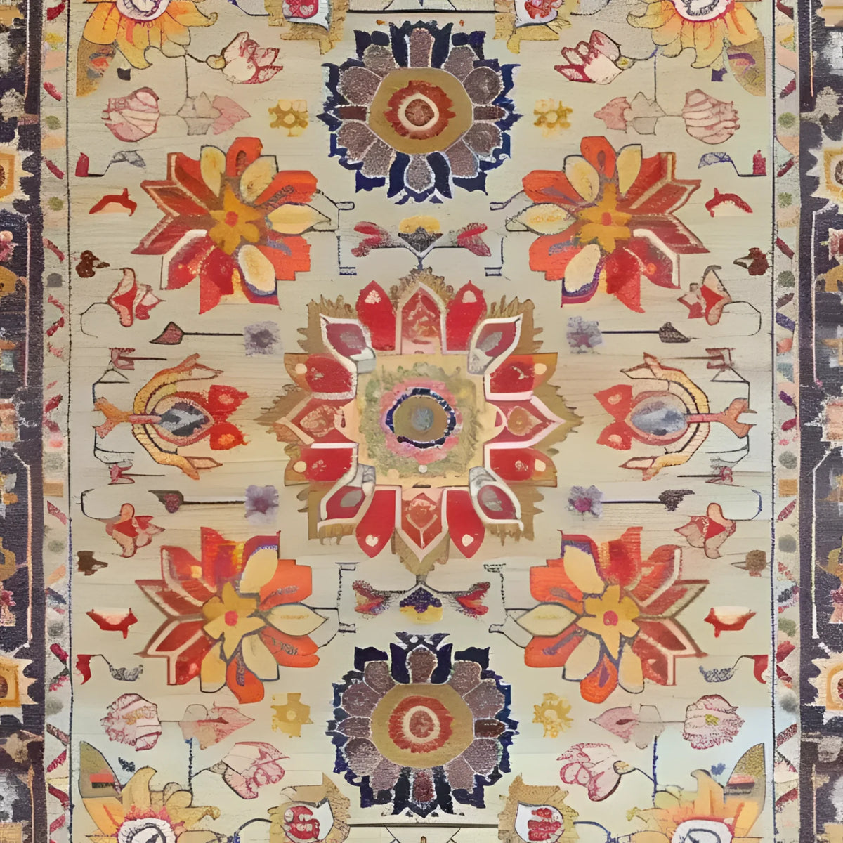 This elegant hand-knotted area rug features a vibrant floral pattern, perfect for adding a touch of sophistication to any large living room. The intricate Persian-inspired design showcases bold colors and detailed motifs, making it a standout piece among living room area rugs.