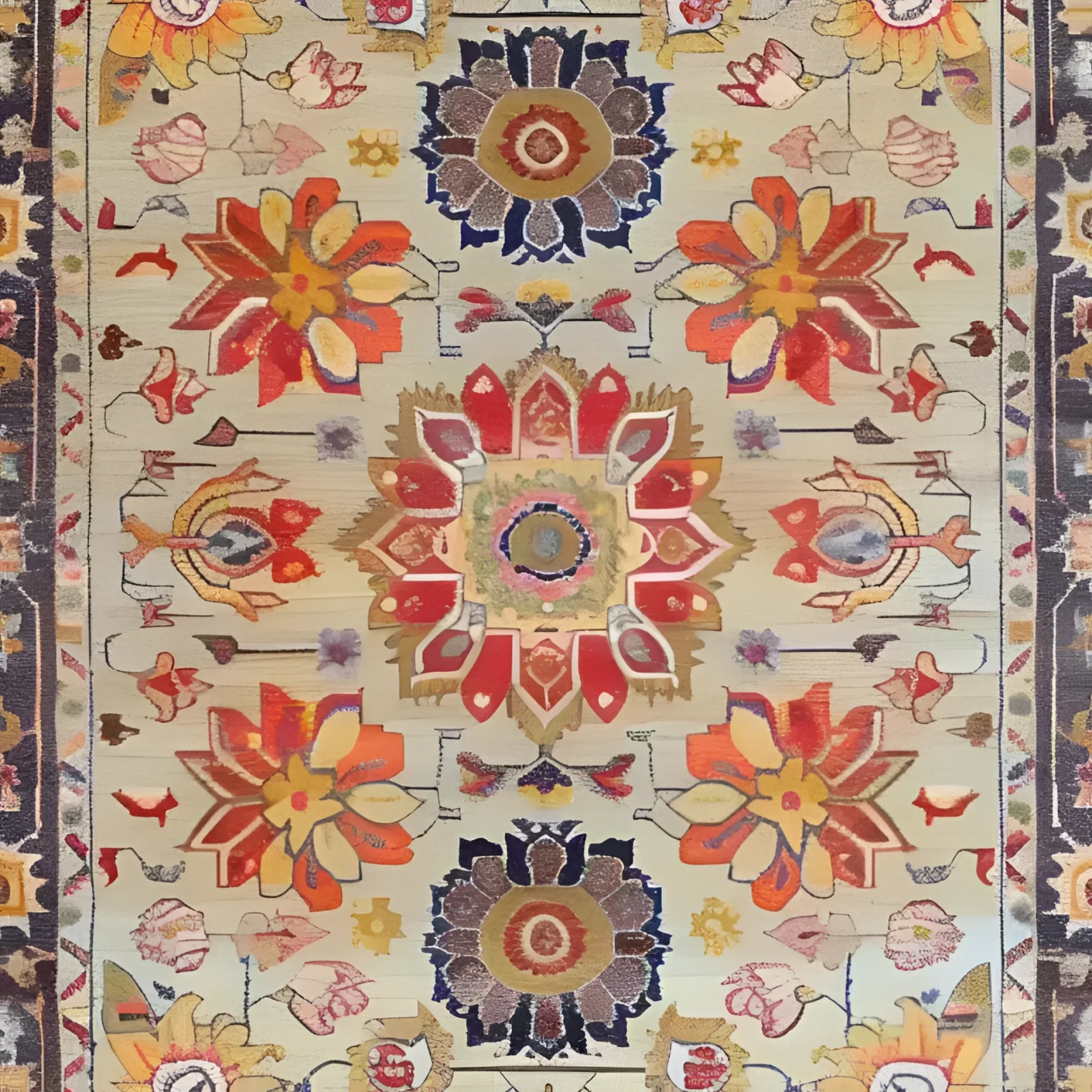 This elegant hand-knotted area rug features a vibrant floral pattern, perfect for adding a touch of sophistication to any large living room. The intricate Persian-inspired design showcases bold colors and detailed motifs, making it a standout piece among living room area rugs.