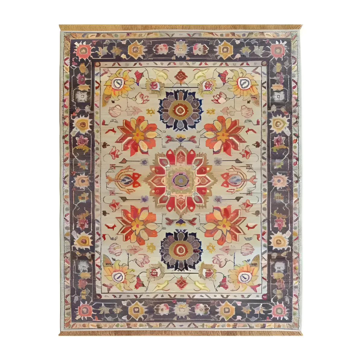 Elegant hand-knotted area rug with vibrant floral patterns, perfect for large living rooms. This Persian-inspired rug showcases intricate designs in rich colors, making it an ideal centerpiece for any living room area.
