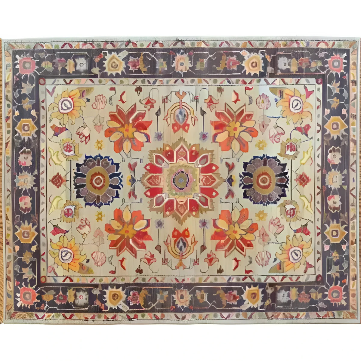 The Garden of Elegance Hand Knotted Area Rug showcases a vibrant floral design with intricate patterns, perfect for large living rooms. This Persian-inspired rug features an array of colorful flowers in warm tones, enhancing its elegance and making it an ideal choice for those seeking exquisite living room area rugs.