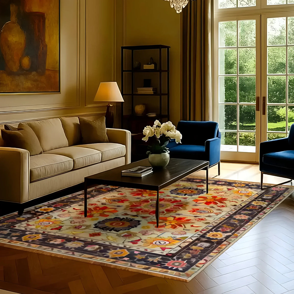 A beautifully decorated living room featuring the Garden of Elegance Hand Knotted Area Rug. This large living room area rug showcases a stunning floral design with vibrant colors, adding a touch of Persian elegance to the space. The rug's intricate patterns complement the tasteful decor, making it a perfect addition to any home looking for a luxurious floral rug.