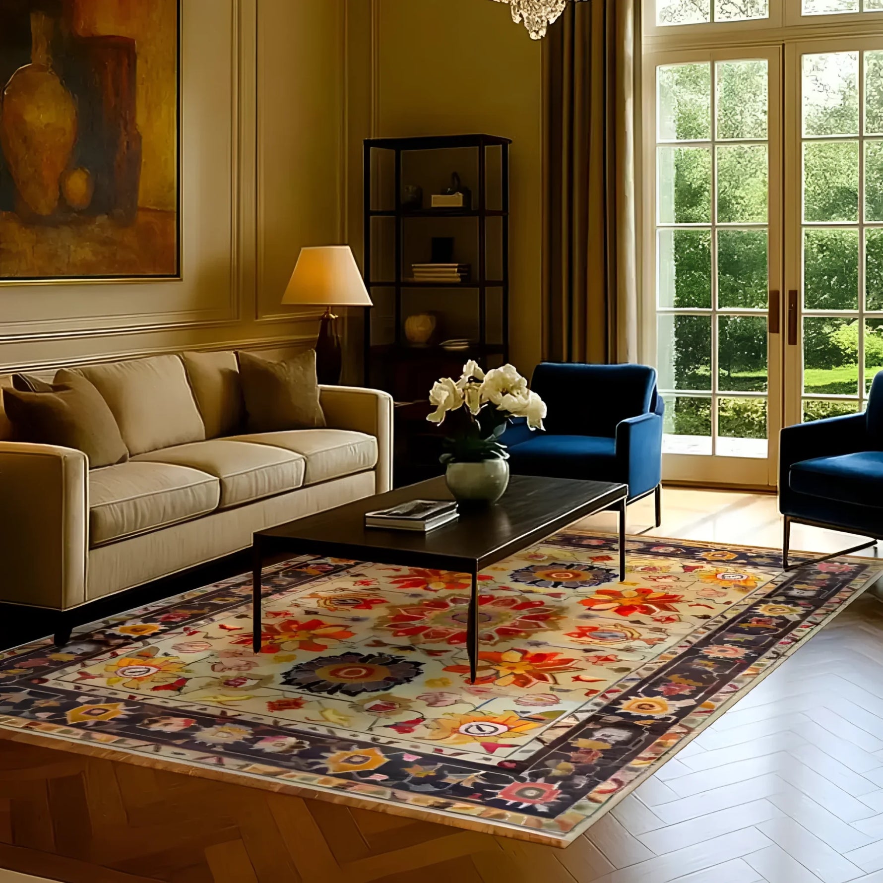 A beautifully decorated living room featuring the Garden of Elegance Hand Knotted Area Rug. This large living room area rug showcases a stunning floral design with vibrant colors, adding a touch of Persian elegance to the space. The rug's intricate patterns complement the tasteful decor, making it a perfect addition to any home looking for a luxurious floral rug.