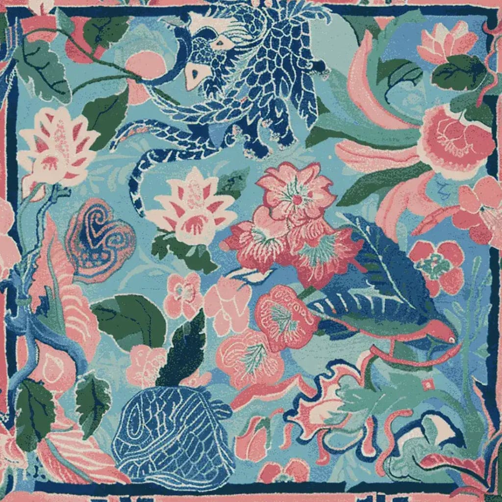 Vibrant square area rug featuring an abstract floral and dragon design in blue, pink, and green tones, perfect for adding a touch of elegance to any living room. This hand tufted wool rug is ideal for those seeking large living room rugs with a unique artistic flair.