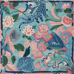 Vibrant square area rug featuring an abstract floral and dragon design in blue, pink, and green tones, perfect for adding a touch of elegance to any living room. This hand tufted wool rug is ideal for those seeking large living room rugs with a unique artistic flair.