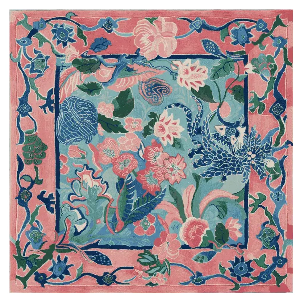 Vibrant and detailed square area rug featuring a hand-tufted design with a floral and abstract motif. This wool rug showcases a colorful pattern with shades of pink, blue, and green, perfect for adding a touch of elegance to large living rooms. Ideal as a centerpiece among rugs for living room, this square rug combines artistic beauty with a cozy feel.