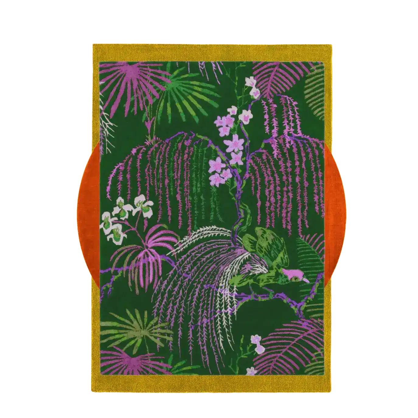 Vibrant Garden of Love Sunny Hand Tufted Wool Rug, featuring a lush botanical design with purple and green foliage, perfect for adding a touch of nature to your living room. This large area rug serves as a stunning centerpiece for vintage decor and is ideal for use as a living room area rug, hallway runner, or even a kitchen rug.