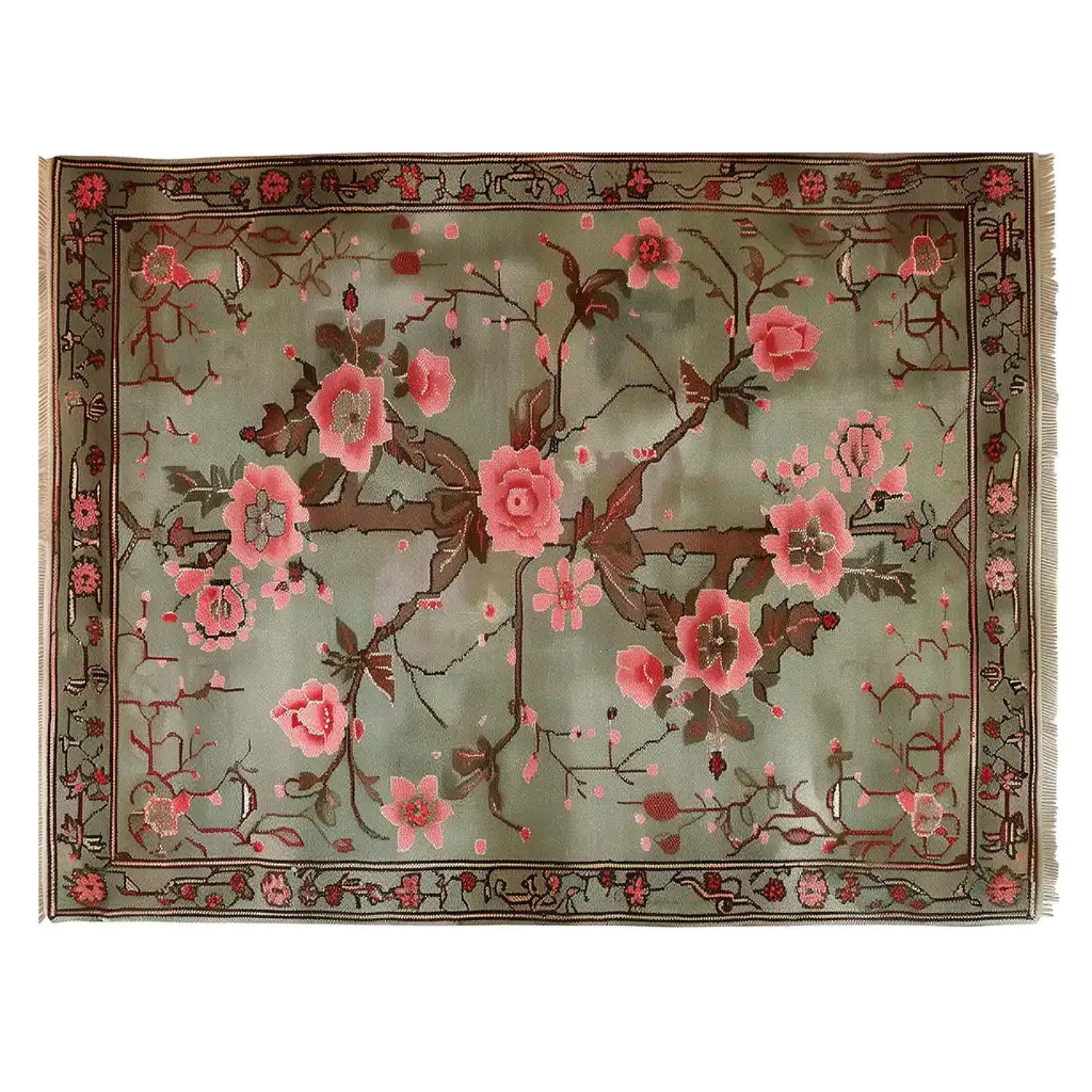Top view of the Garden of Serein Knotted Wool Rug featuring a lush floral design with pink and brown flowers on a soft green background. Perfect area rug for living room settings, showcasing the elegance of wool rugs.