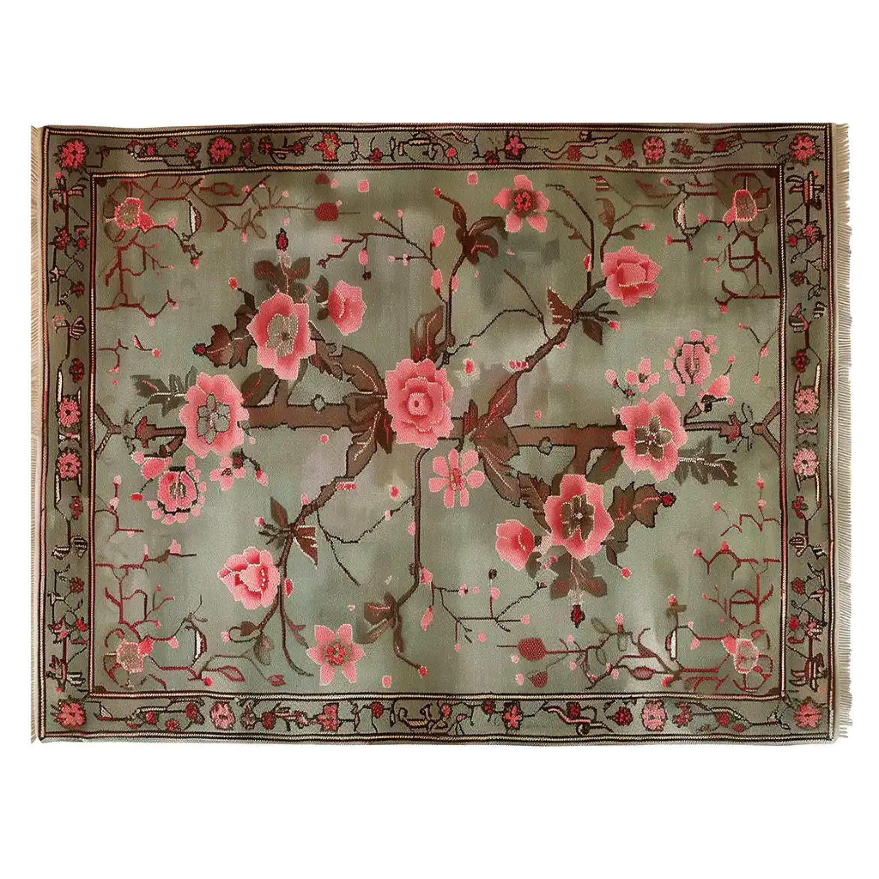 Top view of the Garden of Serein Knotted Wool Rug featuring a lush floral design with pink and brown flowers on a soft green background. Perfect area rug for living room settings, showcasing the elegance of wool rugs.
