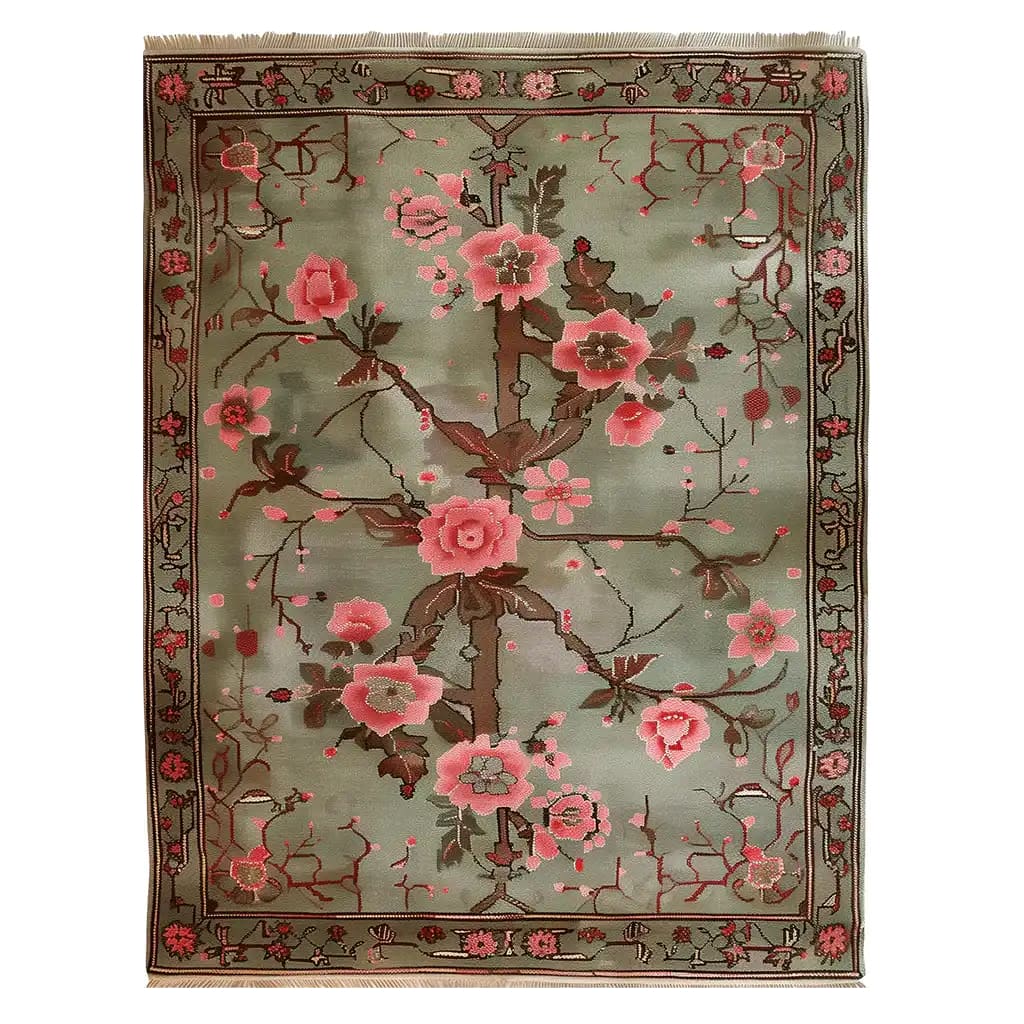 This beautiful area rug, titled 'Garden of Serein Knotted Wool Rug', features an intricate floral design with vibrant pink blossoms on a soft green background. Its elegant pattern makes it ideal for adding a touch of luxury to any living room. Perfect as a wool rug or as part of your collection of area rugs for living room, this piece effortlessly enhances the ambiance of your space.