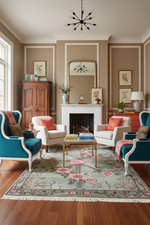 Living room with floral rug, armchairs, and a fireplace.