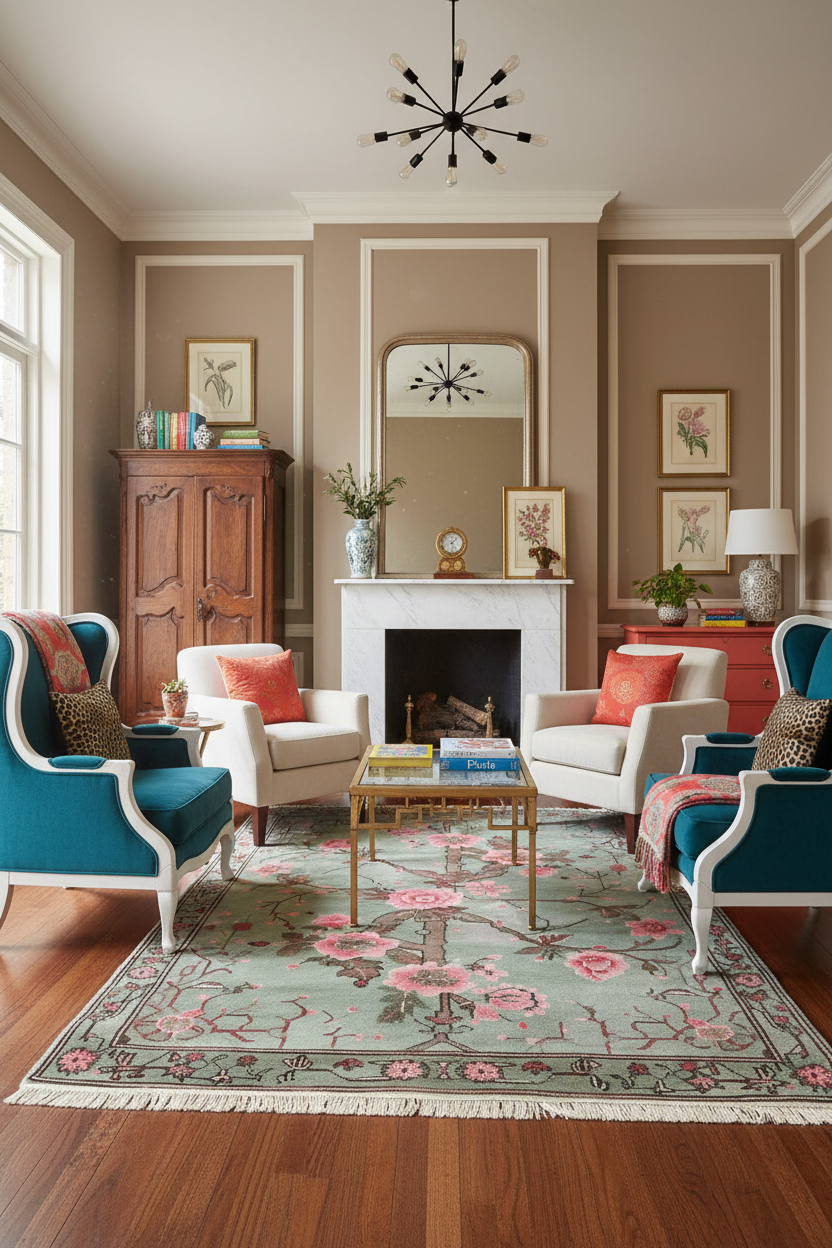Living room with floral rug, armchairs, and a fireplace.