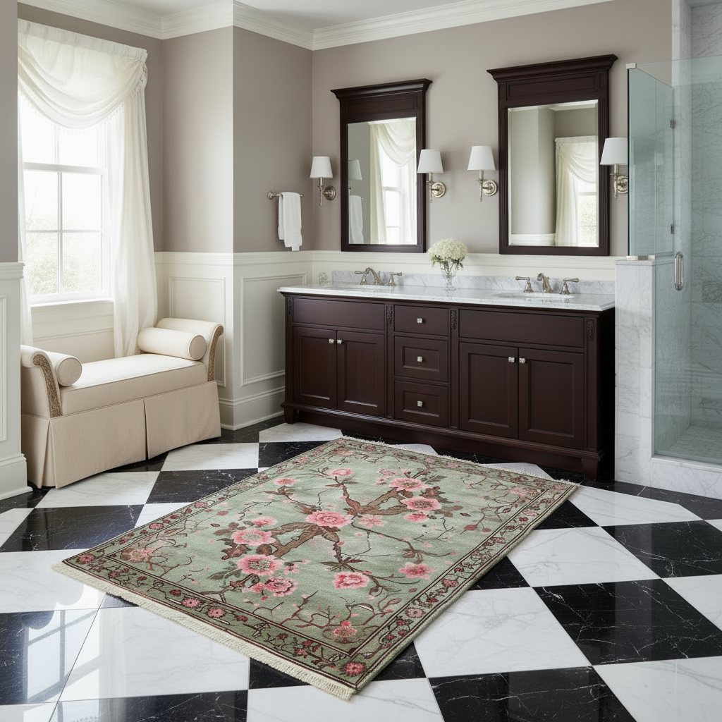 Luxurious bathroom with dark wooden vanity, large mirrors, and a floral rug on checkered floor.