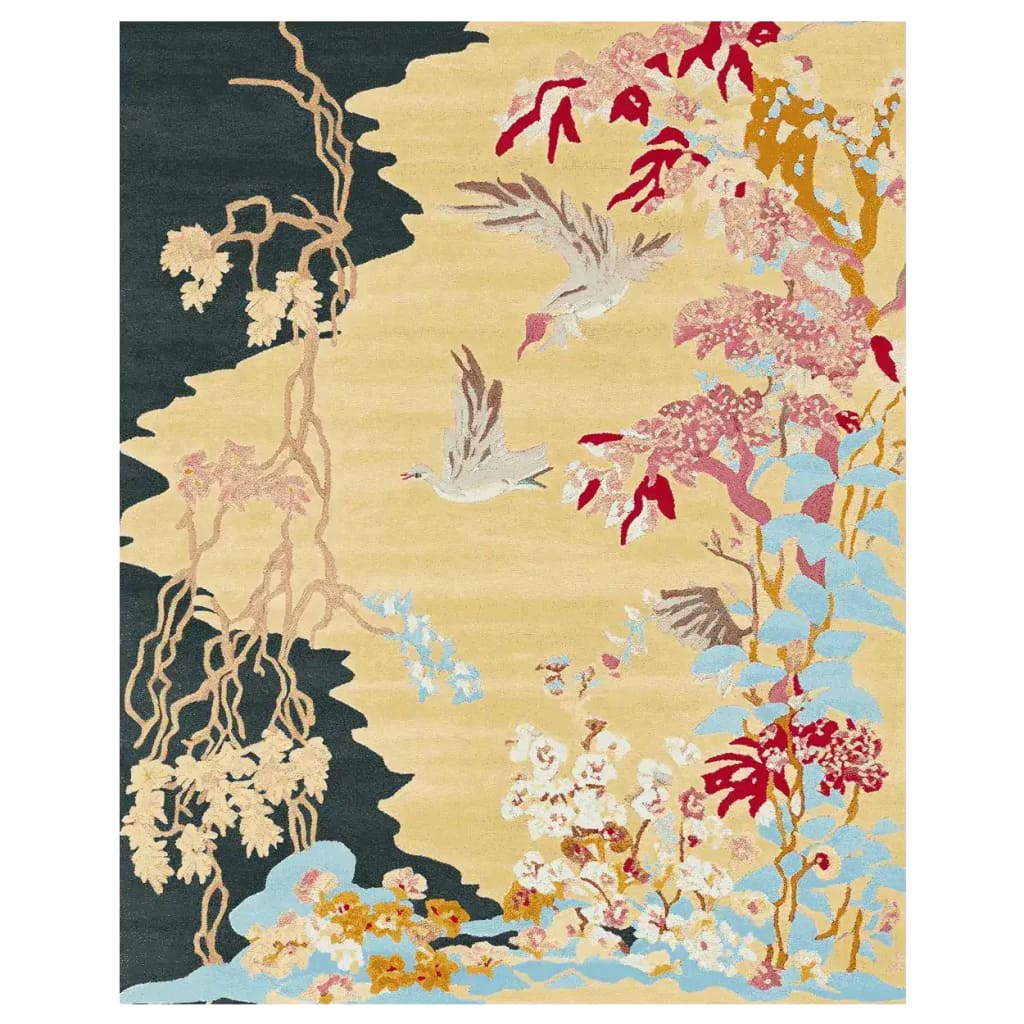 The Garden of Serenity Hand Tufted Area Rug features a vibrant design with birds and floral patterns. Made from high-quality wool, this large living room rug measures 8x10, making it a perfect centerpiece for any space.