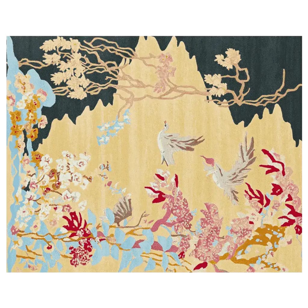 An elegant hand-tufted area rug featuring a serene garden scene with birds and floral patterns. Crafted from high-quality wool, this large living room rug in 8x10 size showcases vibrant colors and intricate details, perfect for adding a touch of nature-inspired beauty to any space.