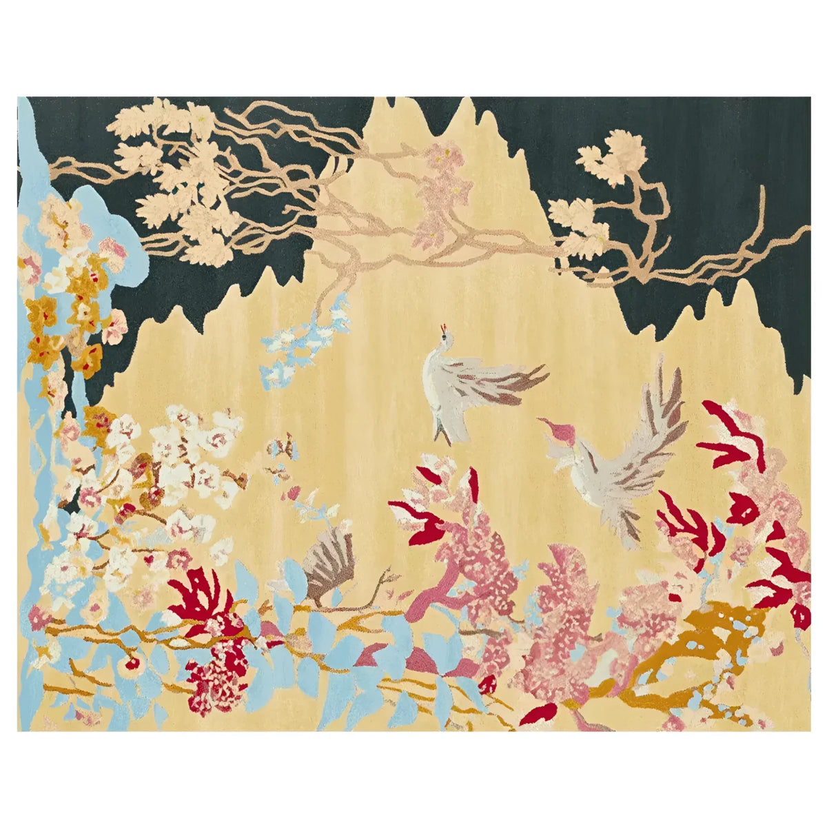 An elegant hand-tufted area rug featuring a serene garden scene with birds and floral patterns. Crafted from high-quality wool, this large living room rug in 8x10 size showcases vibrant colors and intricate details, perfect for adding a touch of nature-inspired beauty to any space.