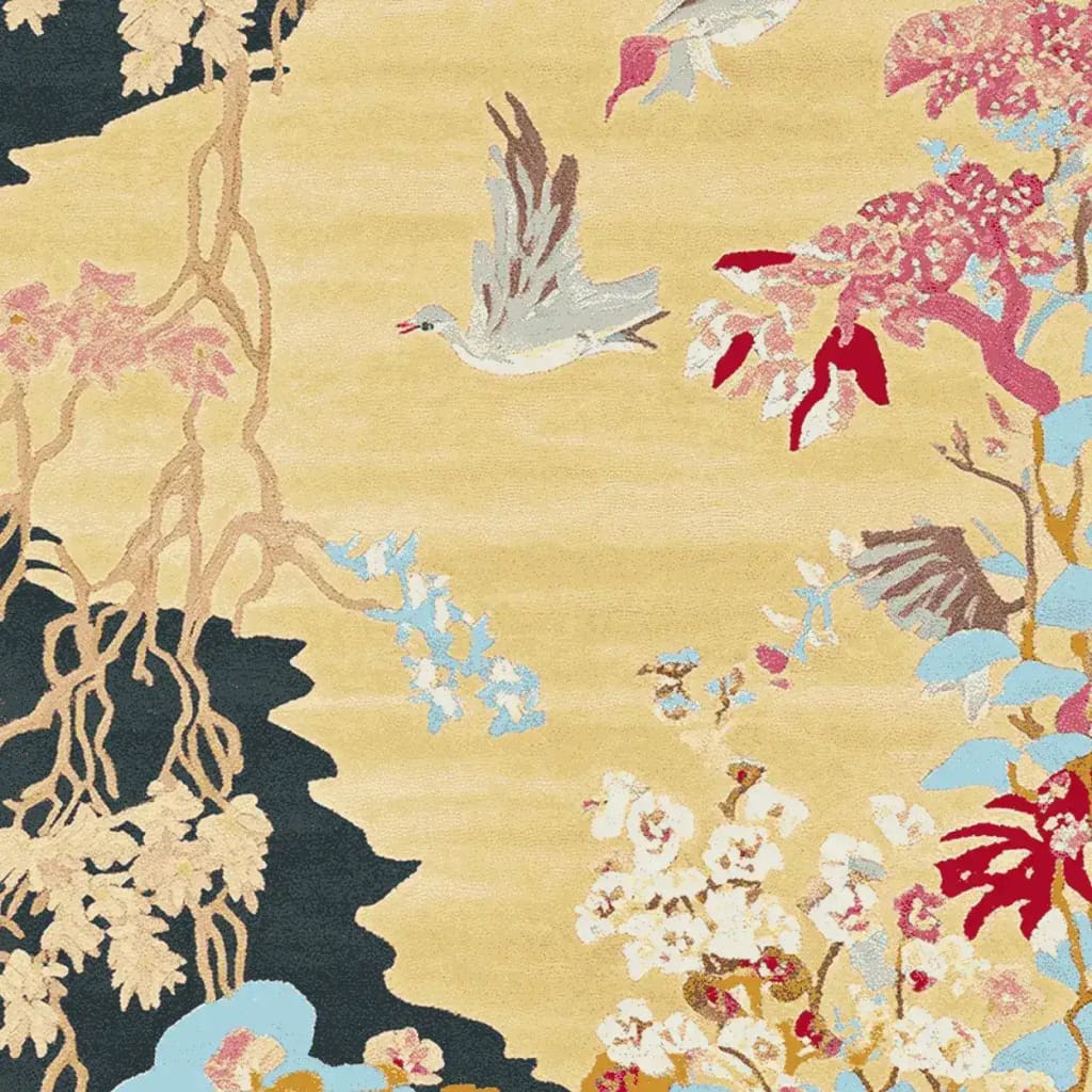 A beautifully detailed area rug showcasing a serene garden scene with vibrant colors. This wool rug features elegant floral patterns, flying birds, and intricate branches, perfect for large living rooms. Ideal for those seeking an 8x10 living room rug that combines art and functionality.