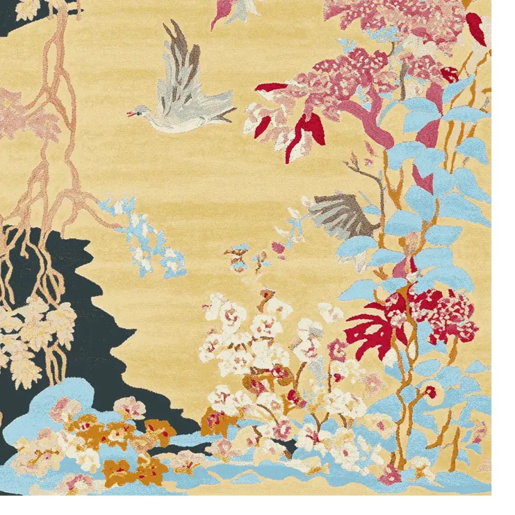 Garden of Serenity Hand Tufted Area Rug featuring an intricate design with colorful floral patterns and birds on a beige background, perfect as a wool rug for large living rooms or as an 8x10 living room rug.